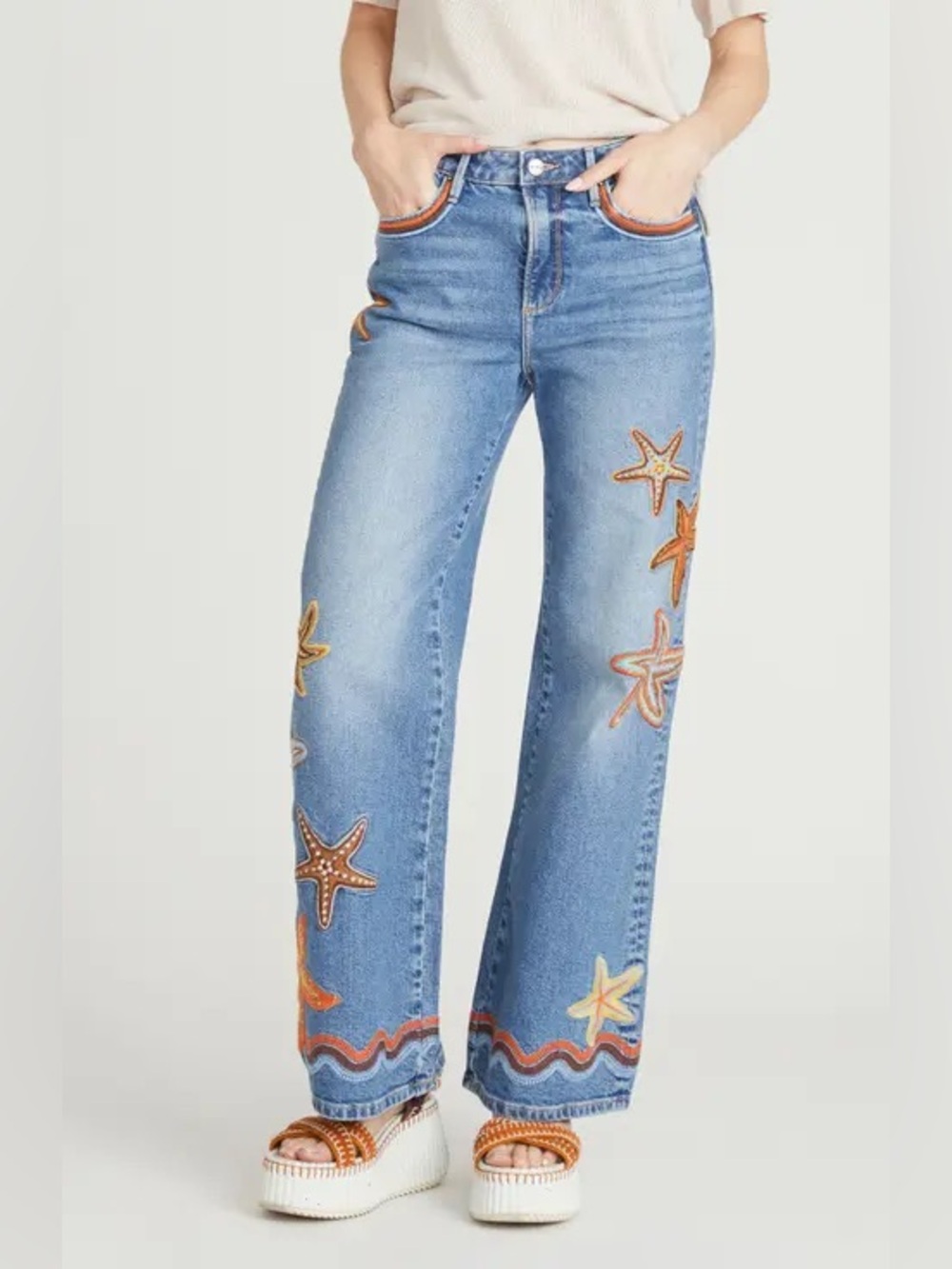 Free People Driftwood Charlee Wide Leg Jeans Seaside Stars Size 27 Jeans